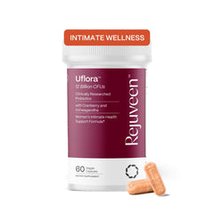 Rejuveen Uflora bottle front promoting vaginal health and balance benefits