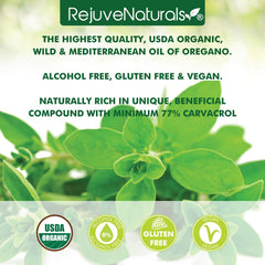 RejuveNaturals oregano oil in olive oil base, premium organic blend for daily supplementation.