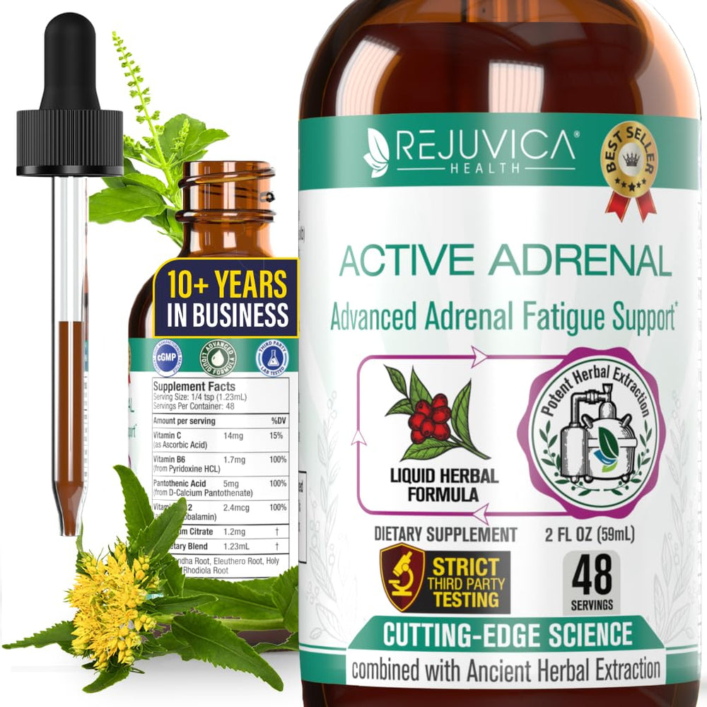 Rejuvica Health Active Adrenal dropper bottle, convenient tincture for on-the-go support.