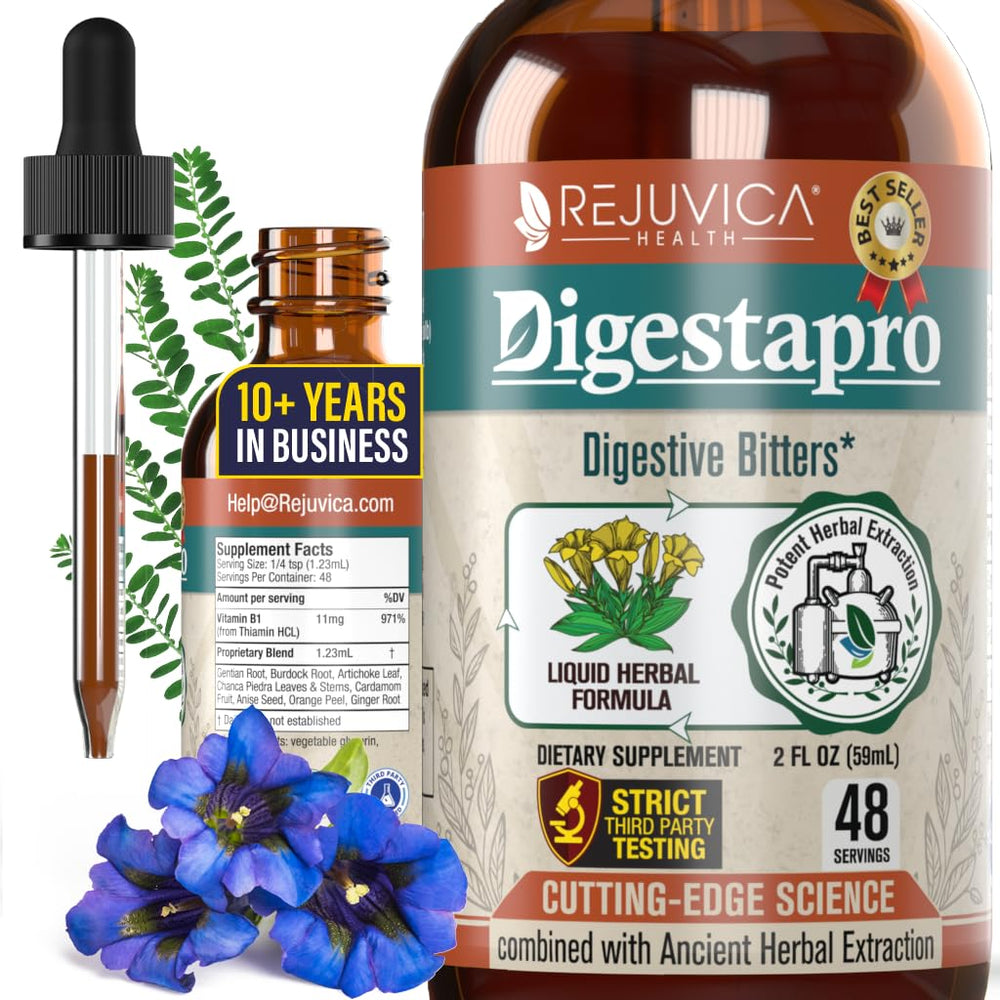 Rejuvica DigestaPro bottle with dropper for on-the-go digestion support.