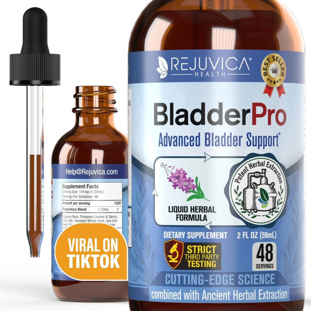Rejuvica Health BladderPro bottle with dropper offering convenient, fast-absorption bladder support.