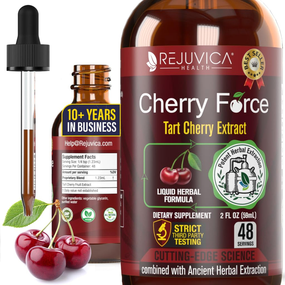 Rejuvica Health Cherry Force bottle on a clean surface, easy-to-take liquid supplement.