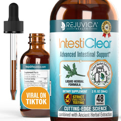Rejuvica Health IntestiClear bottle front showing easy-to-use liquid formula.