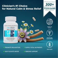 Relaxium Calm label highlights Ashwagandha, 5-HTP, and GABA blend for calm focus.