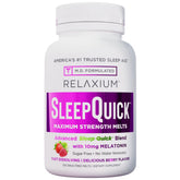 Relaxium Sleep Quick Melts berry bottle demonstrates fast-acting, sugar-free sleep support.