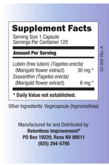 Relentless Improvement zeaxanthin bottle highlights dual carotenoids for retina wellness.