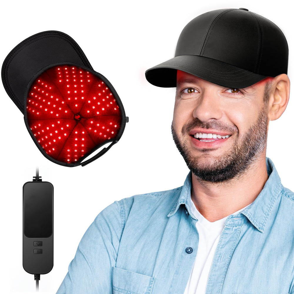 RELEXNOW red light cap worn for at-home scalp therapy and relaxation.