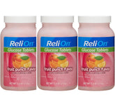 ReliOn glucose tablets fruit punch bottle front view with three-pack packaging for easy access