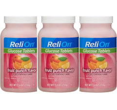 ReliOn glucose tablets fruit punch bottle front view with three-pack packaging for easy access