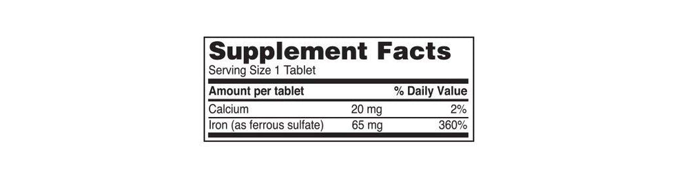 Reliable-1 iron supplement tablet closeup, 65 mg iron per pill