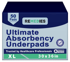 Remedies disposable bed pads flat lay showing broad 30x36 coverage for incontinence protection
