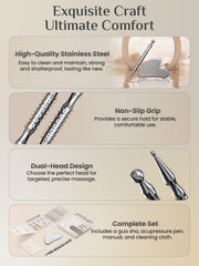 Rena Chris stainless steel gua sha tool close-up with smooth surface.