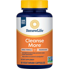 Renew Life Cleanse More bottle front indicating overnight support for occasional constipation