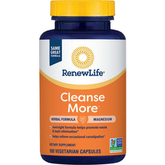 Renew Life Cleanse More detox bottle on kitchen counter for digestive support.
