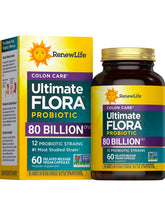 Renew Life Colon Care bottle close-up shows 80 billion CFU capsules for daily digestive support.