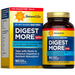 Renew Life DigestMore Ultra bottle front shows ultra-strength plant-based enzymes for daily digestion