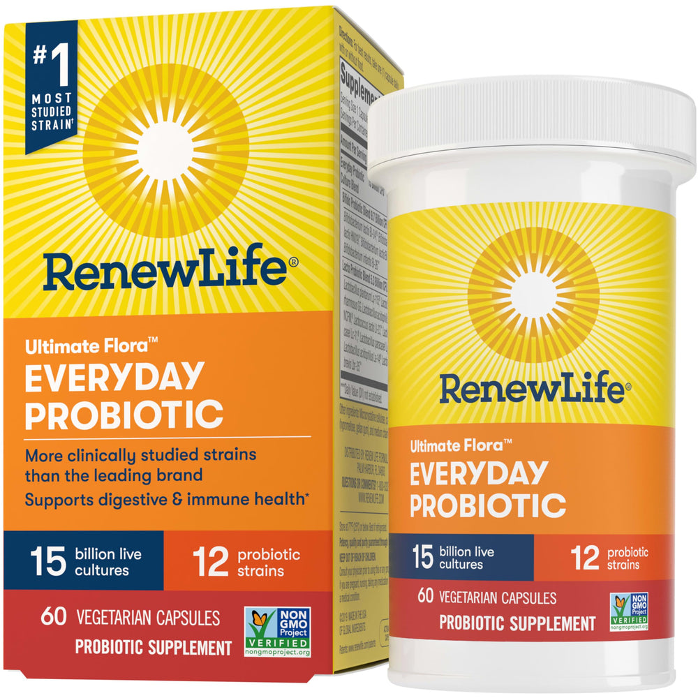 Renew Life Everyday Probiotic bottle front highlighting daily digestive support