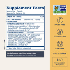Renew Life Extra Care bottle back label with strain details.