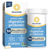 Renew Life Extra Care probiotic bottle shows 50B CFU for daily digestive support