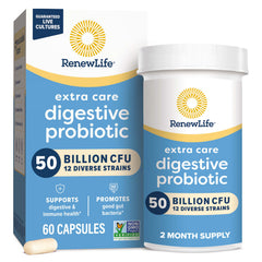 Renew Life Extra Care probiotic bottle shows 50B CFU for daily digestive support