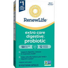 Renew Life Extra Care Go-Pack Probiotic digestive health close-up featuring delayed-release capsules.