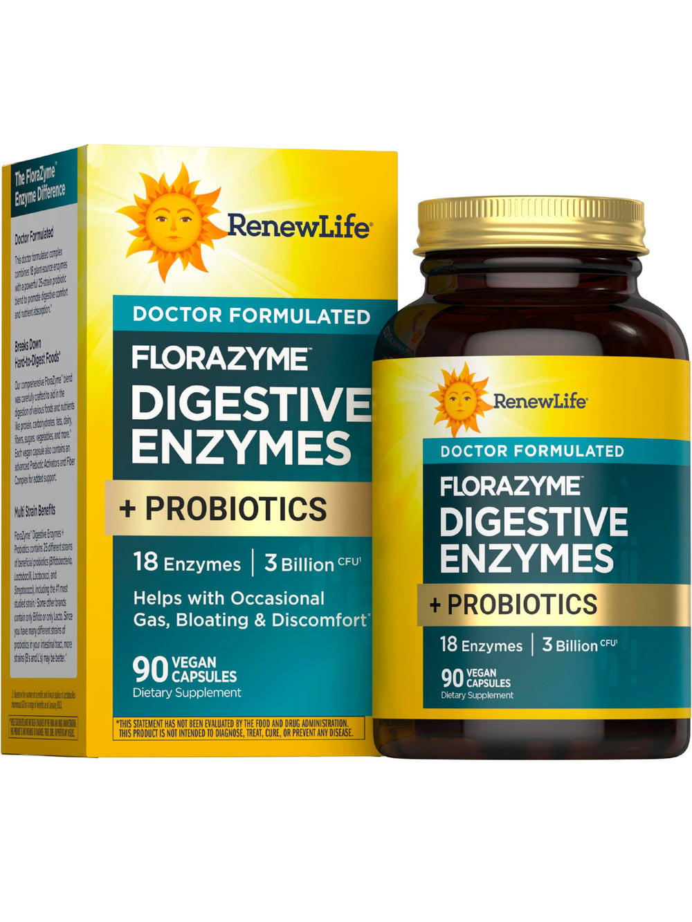 Renew Life Florazyme bottle showing enzymes and probiotics for digestive support.