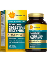 Renew Life Florazyme bottle showing enzymes and probiotics for digestive support.