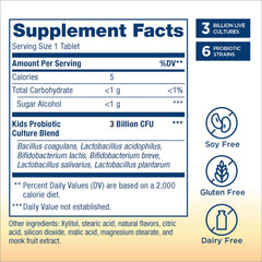 Renew Life Kids Probiotic six-strain blend on label supports diverse gut health benefits.