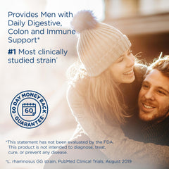 Renew Life Men's Care capsules close-up indicating potent probiotic blend for digestion.