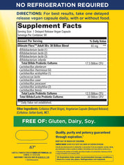 Bottle label highlights 30B CFU and 12 strains for Renew Life Probiotic 50 Plus.