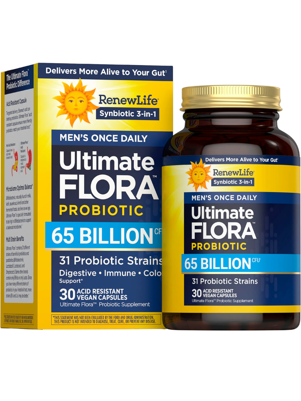 Renew Life Ultimate Flora Men 65 Billion CFU bottle front for daily gut support.