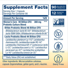 Renew Life bottle back label highlights 12 strains and 25 billion CFU per capsule.