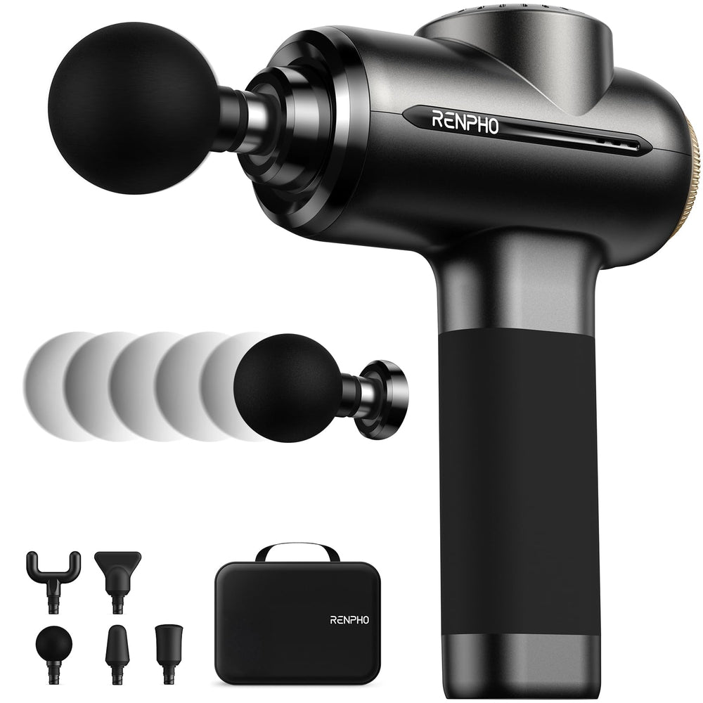 RENPHO massage gun demonstrates amplitude adjustment from 8 to 12 mm for personalized sessions.