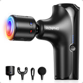 RENPHO Mini Thermacool massage gun applying heat to tense shoulders for soothing relief.