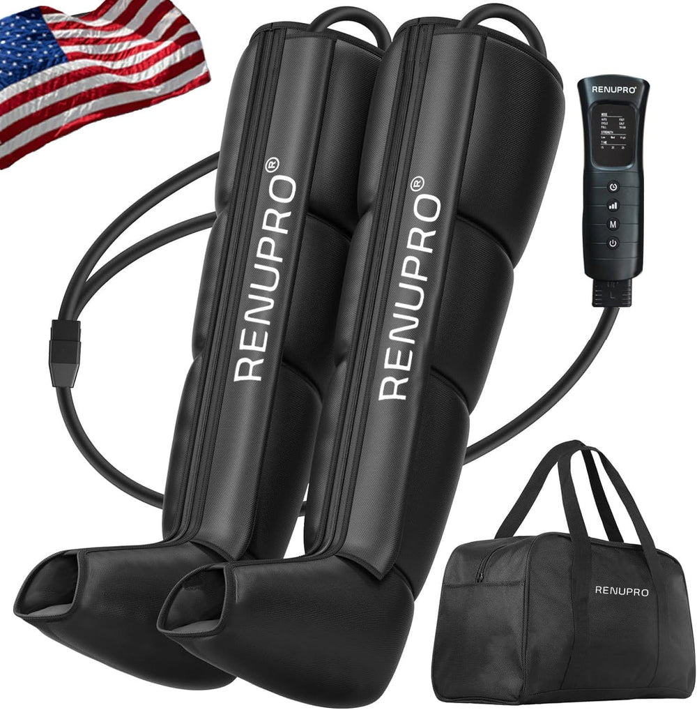 RENUPRO leg massager system front view highlighting compact home-use design