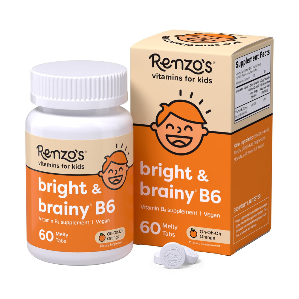 Renzo's Bright & Brainy B6 dissolving tabs in orange, kid-friendly packaging.