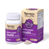 Renzo's Picky Eater melty tabs in orange bottle; convenient sugar-free daily vitamins for kids.