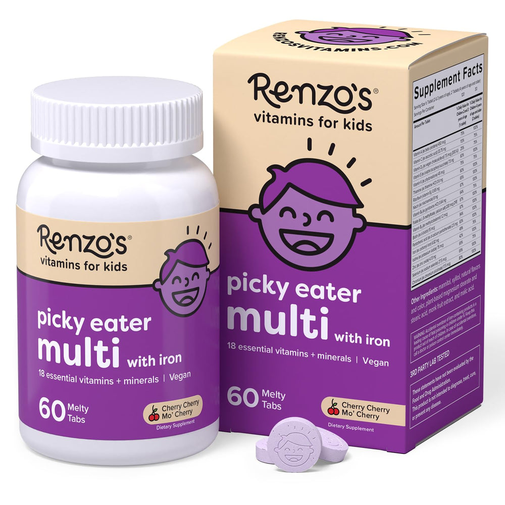 Renzo's Picky Eater multivitamin jar with dissolving tabs for daily kids nutrition.