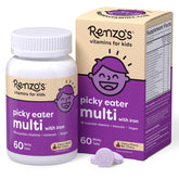 Renzo's Picky Eater multivitamin jar with dissolving tabs for daily kids nutrition.