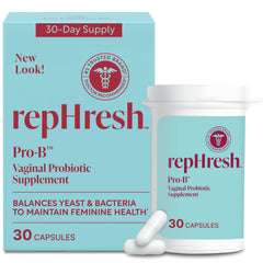 RepHresh Pro-B bottle on a clean surface, highlighting daily probiotic support for feminine health.