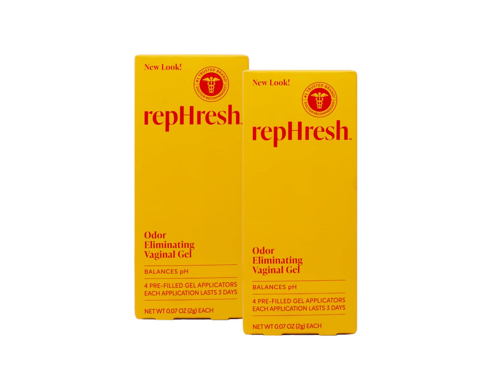 Rephresh Vaginal Gel pack of 2 boxes with four applicators for odor elimination.