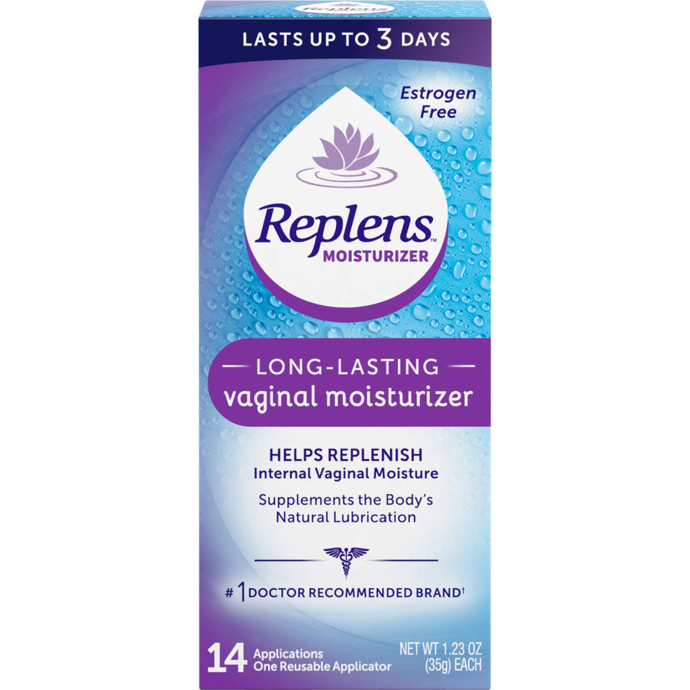 Replens long-lasting vaginal moisturizer pack two-box front provides days-long moisture for comfort.