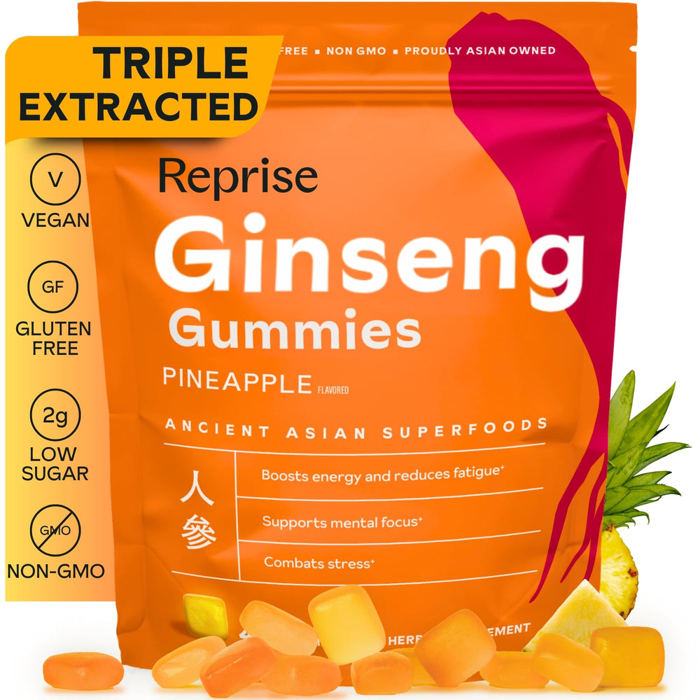 Reprise Ginseng Gummies bottle with pineapple flavor, promoting natural energy support
