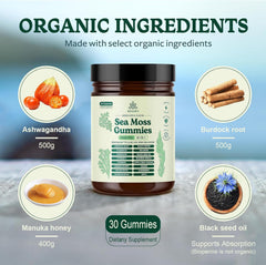 RESAWN Sea Moss Gummies ingredients label highlights natural vegan non-GMO formulation