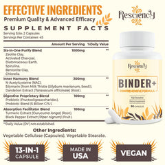 Resciency Detox Binder capsules close-up, showcasing vegan formula.