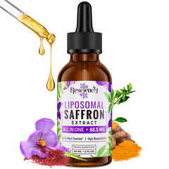 Resciency saffron liposomal drops bottle being poured for daily mood support.