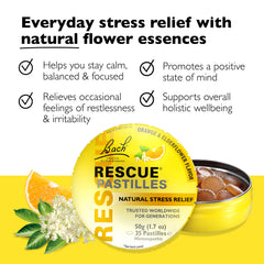 RESCUE pastilles orange elderflower bottle highlights convenient stress relief