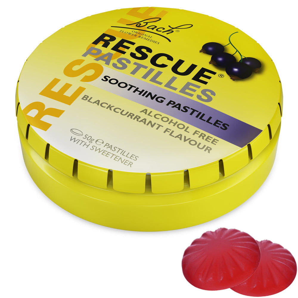 RESCUE Pastilles in an open tin showing the lozenges for on-the-go stress relief.
