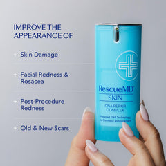 RescueMD DNA Repair Complex serum on finger shows quick absorption.