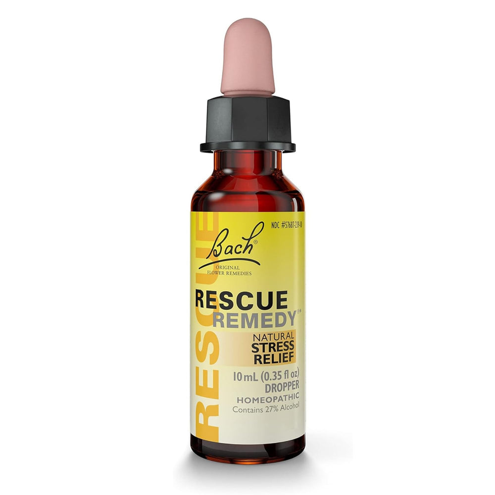 RESCUE REMEDY bottle with yellow dropper ready for on-the-go stress support.